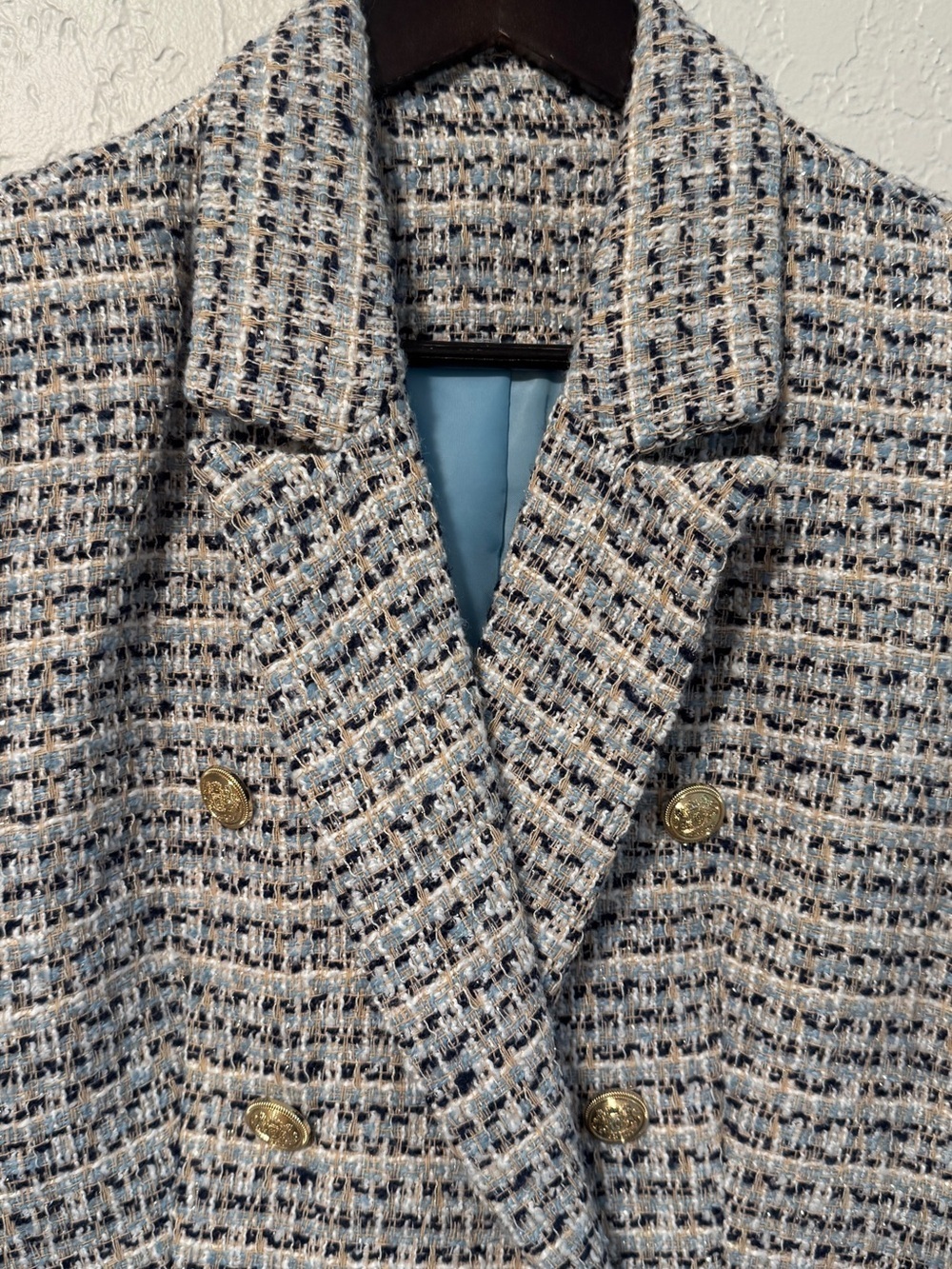 Women's Gray Tweed Double-Breasted Blazer Jacket - Picture 2 of 9